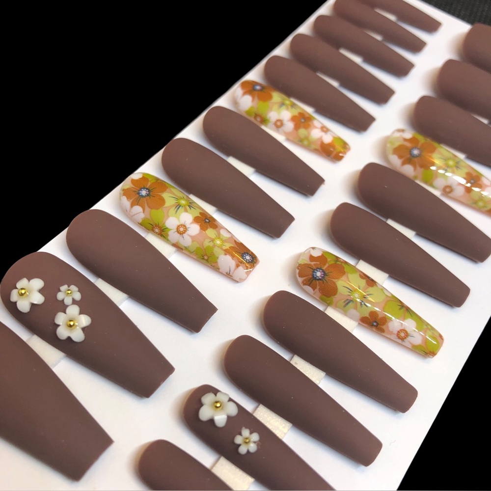 Handmade Custom Press On Nails Gel Long Coffin Ballerina Fall Matte Brown Nails